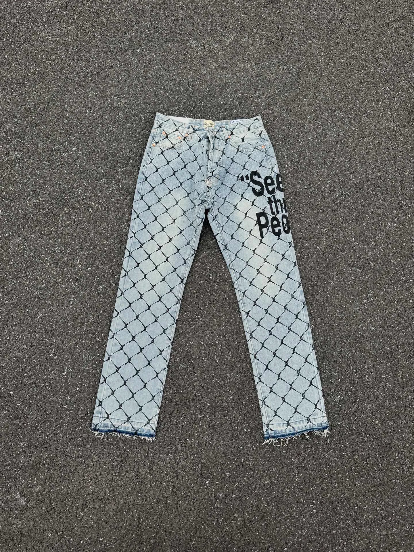 P240💰G786 GALLERY DEPT. Steel mesh letter printed slim jeans jeans casual group trendy American slim men's and women's trousers Color: blue Size: S-XXL (corresponding to 28-36)